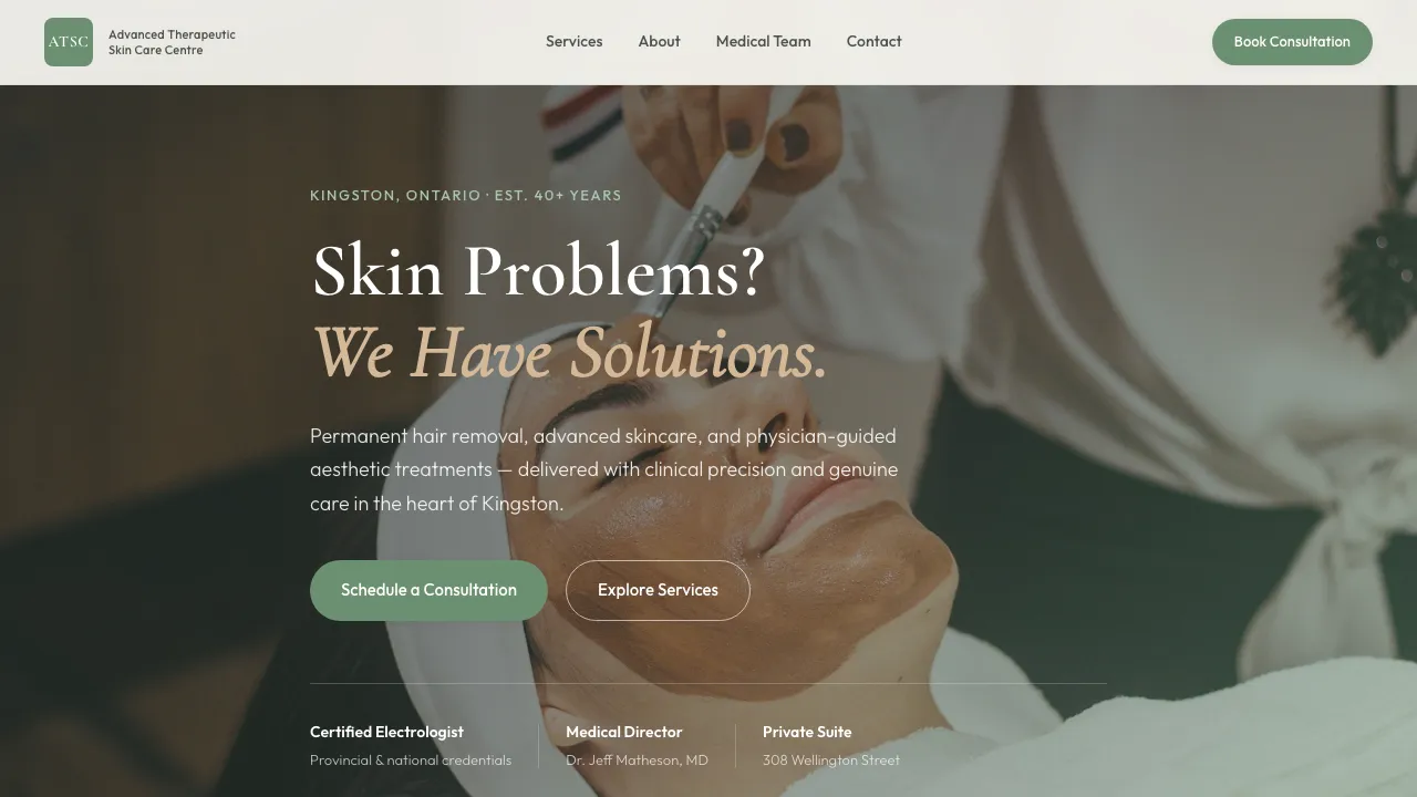 Concept homepage for Advanced Therapeutic Skin Care Centre